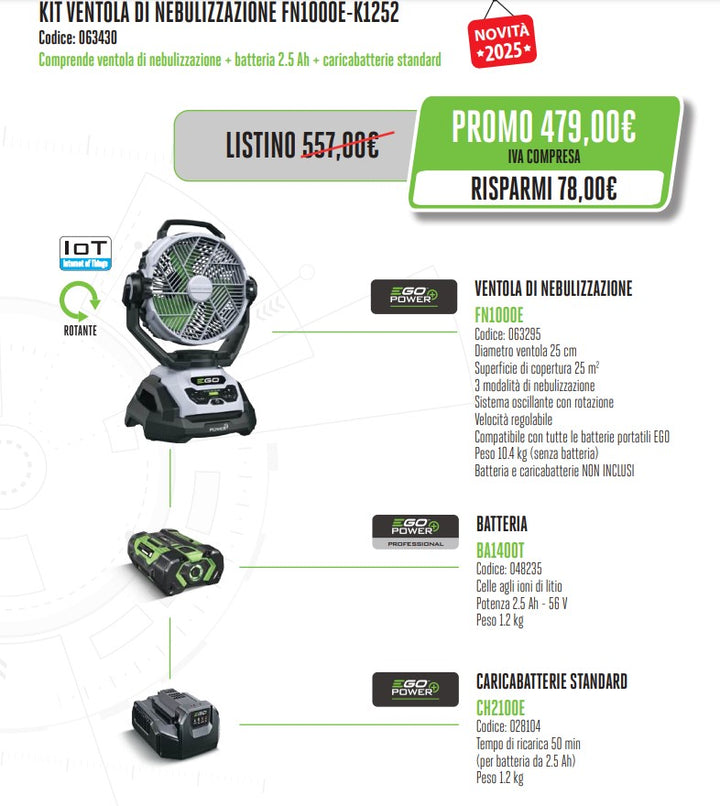 Ego Power FN1000E KIT 25CM OSCILLATING MISTING FAN with 2.5Ah battery and standard charger