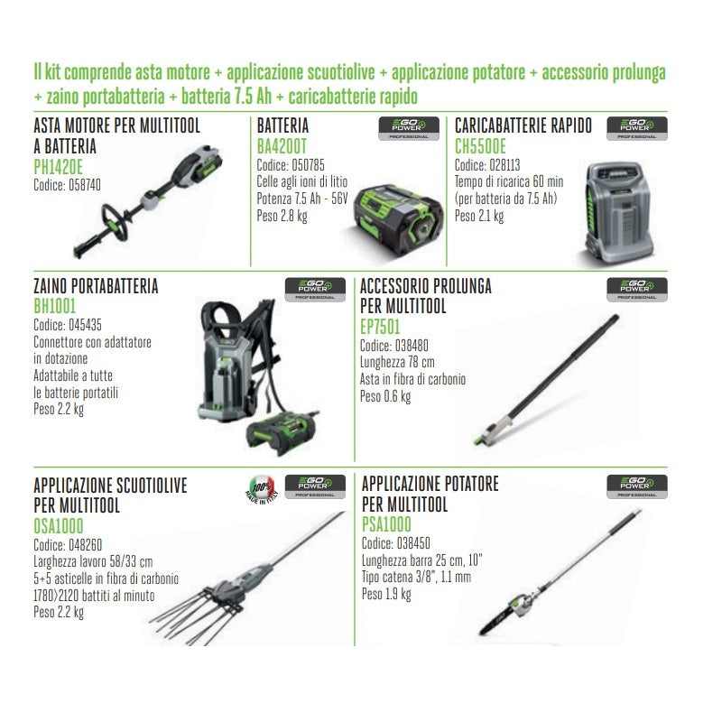 Kit EGO Power MOPH1020E-K1753 Asta Motore + 1 App. Scuotiolive + 1 App. Potatore + 1 Accessorio Prolunga + Zaino Portabatteria + Batteria 7.5 Ah + Caricatore Rapido