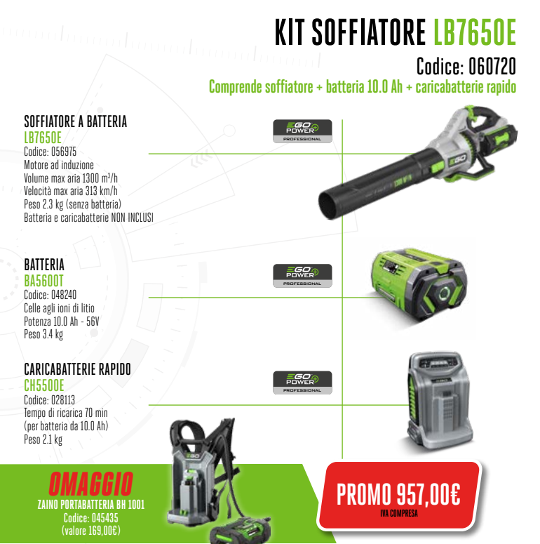 EGO Power LB7650E Kit Soffiatore + Batteria + Caricabatteria Rapido