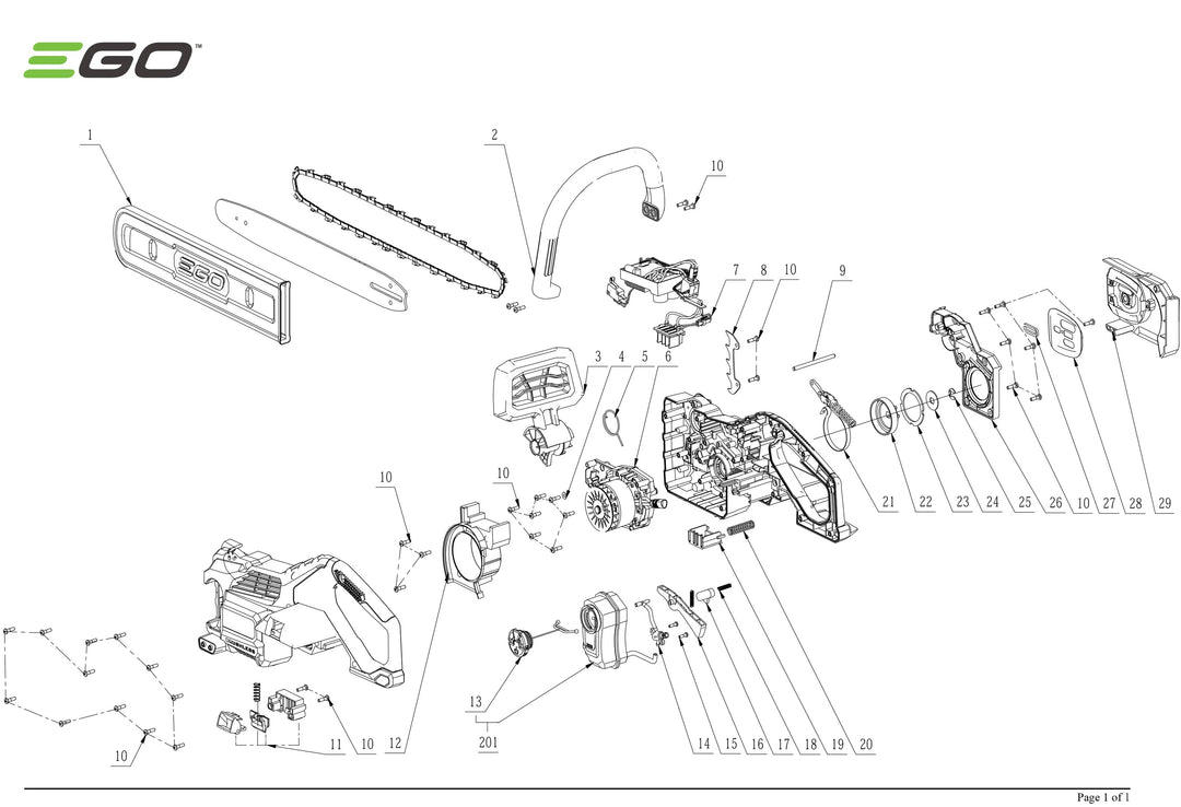 Exploded view and spare parts Ego Power CS1610E Chainsaw