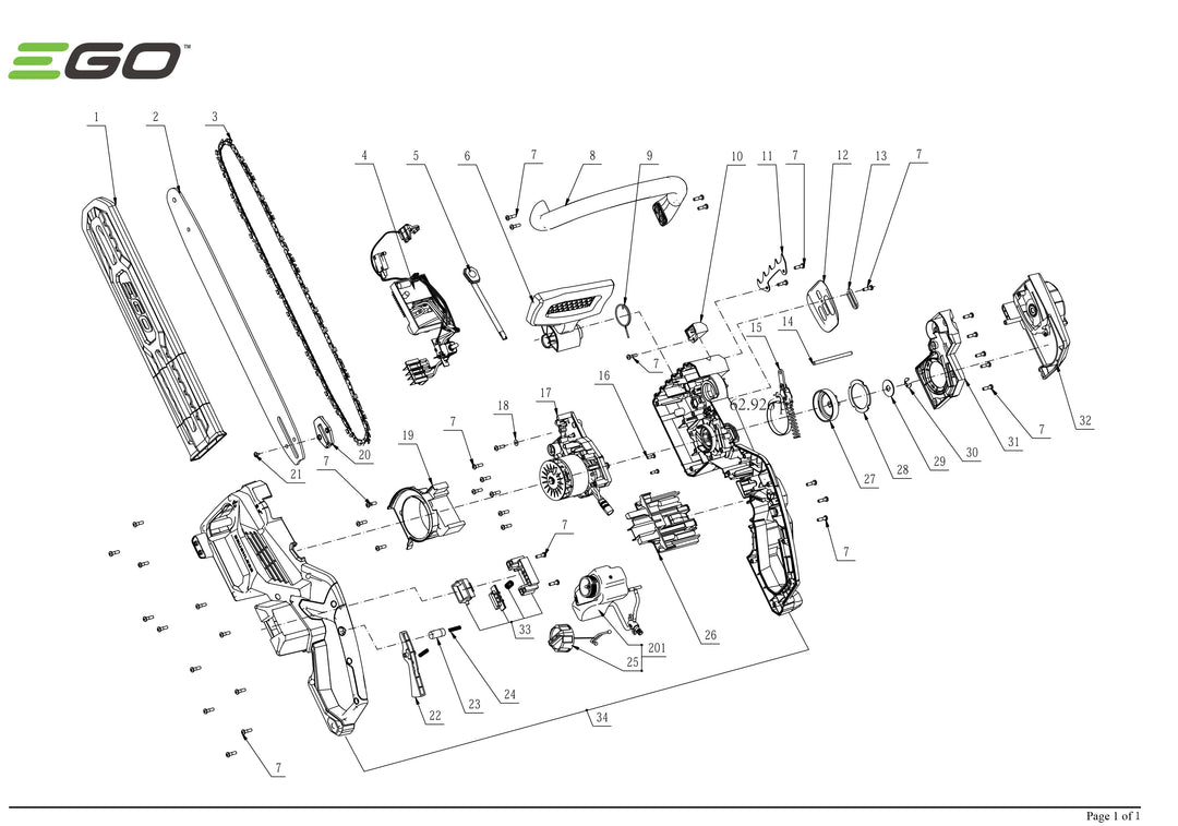 Exploded view and spare parts Ego Power CS1800E chainsaw