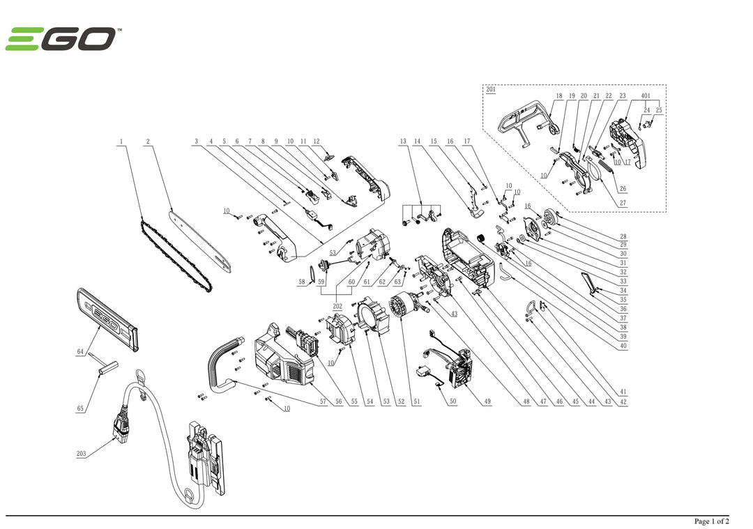 Exploded view and spare parts Ego Power Pruning Chainsaw CSX3000