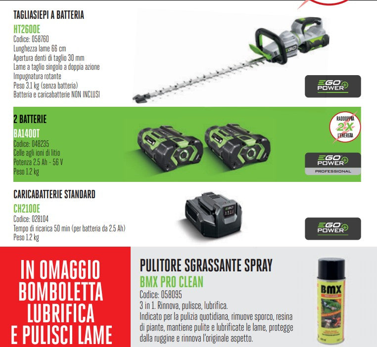 Promo Ego Power HT2600E + 2 Batterie 2,5 Ah + Caricabatterie Standard + OMAGGIO Bomboletta Pulisci Lame