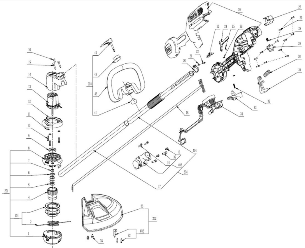 Exploded view and spare parts Ego Power ST1300E brush cutter