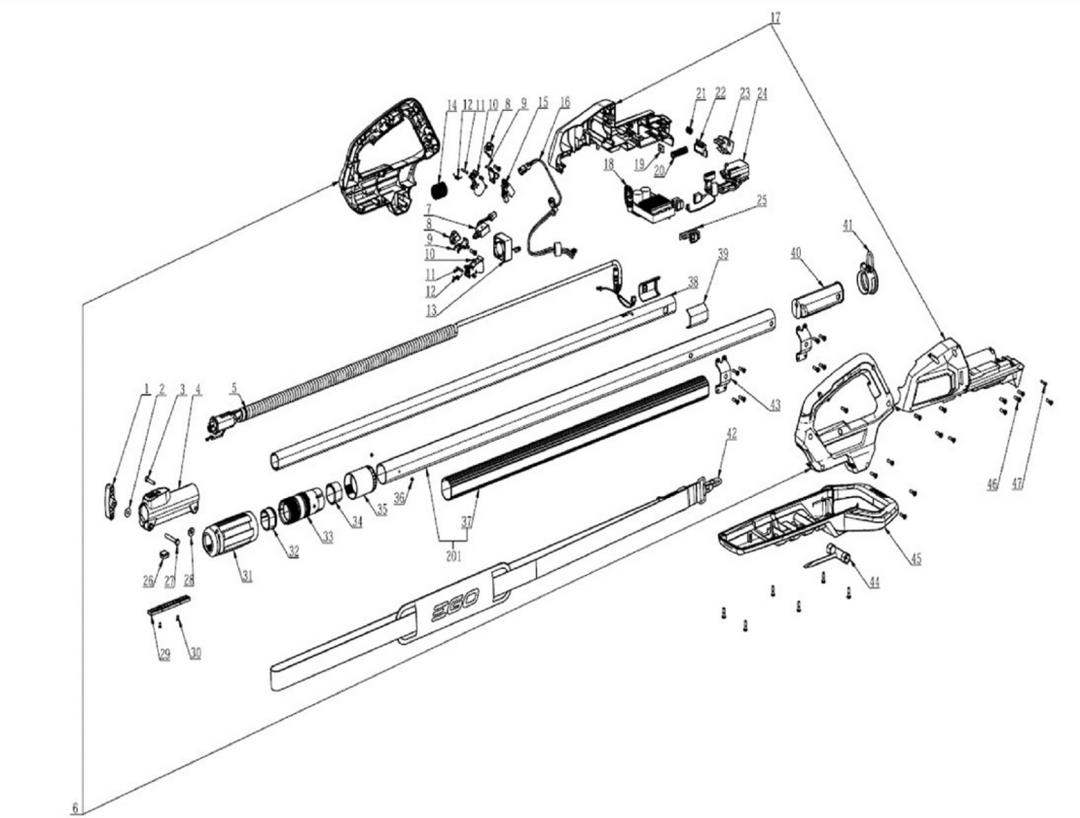 Exploded view and spare parts Ego Power Telescopic Motor Rod PPX1000