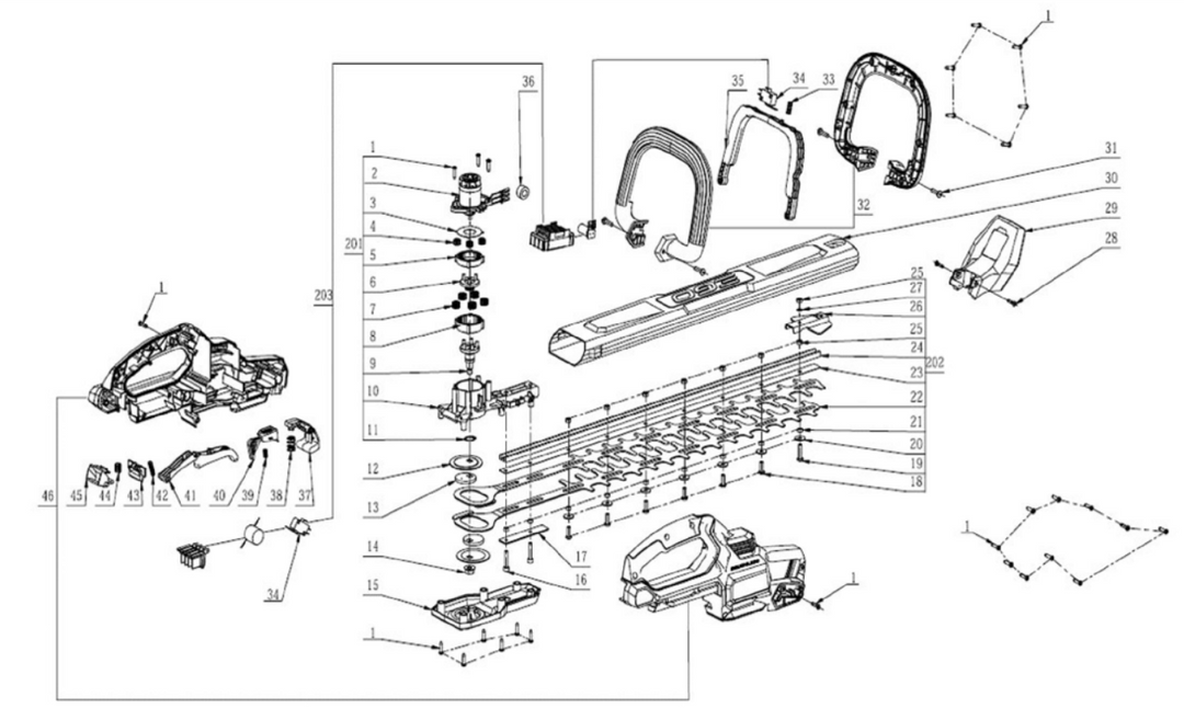 Exploded view and spare parts Ego Power HT2000E hedge trimmer