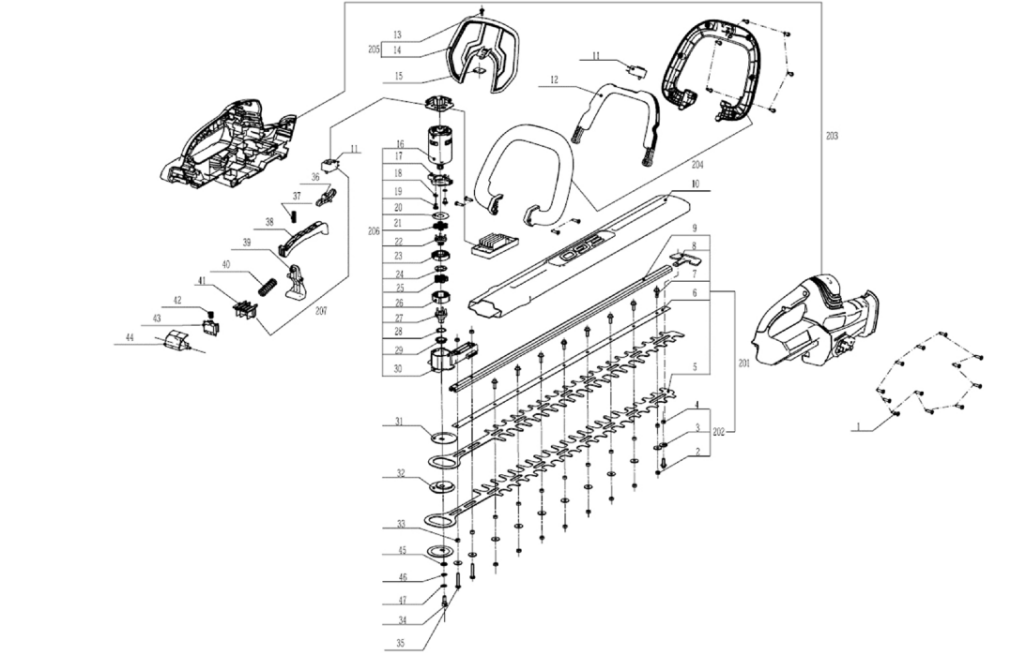 Exploded view and spare parts Ego Power HT2410E hedge trimmer