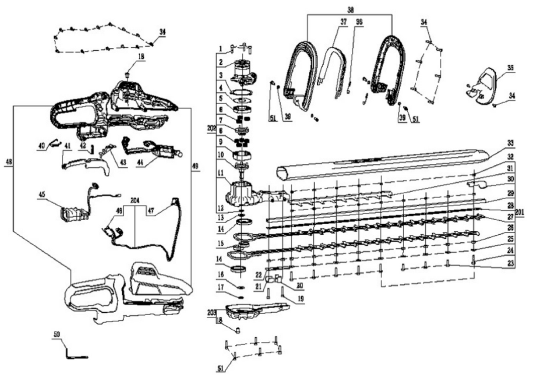 Exploded view and spare parts Ego Power HTX6500 hedge trimmer