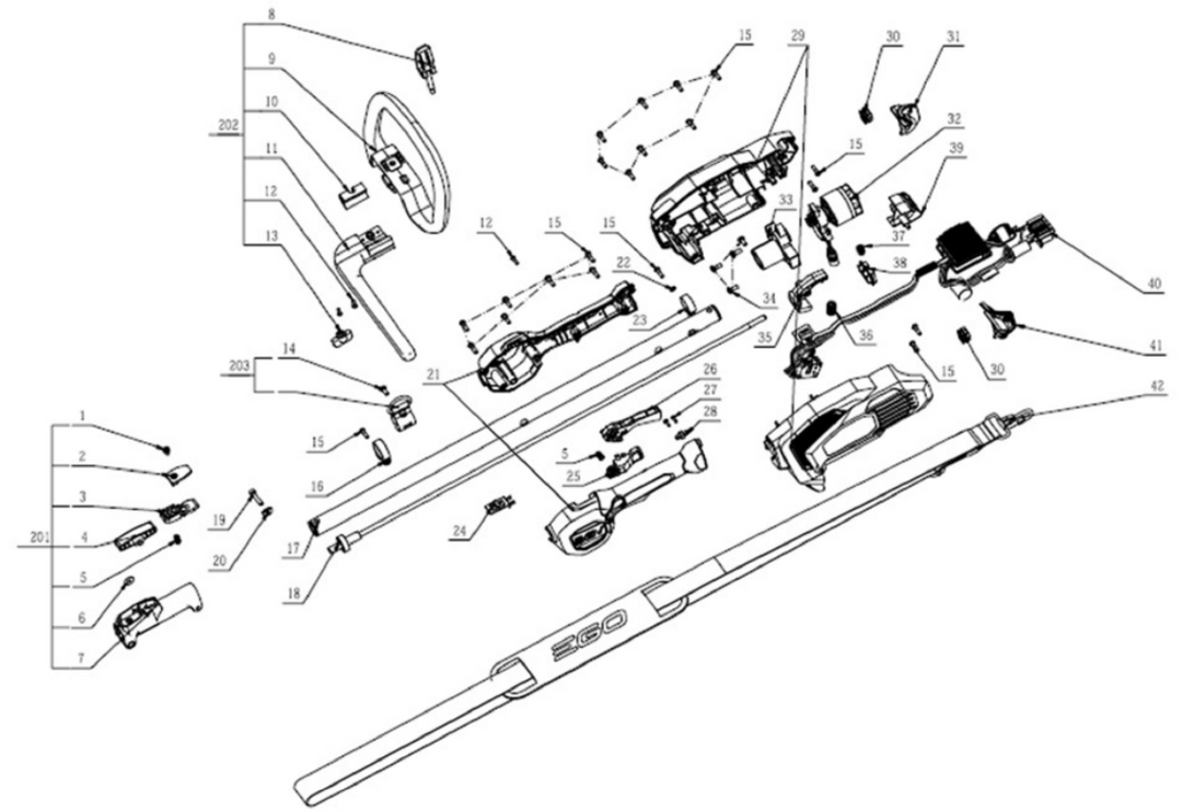 Exploded view and spare parts Ego Power Multitool PH1400E Motor Rod Side