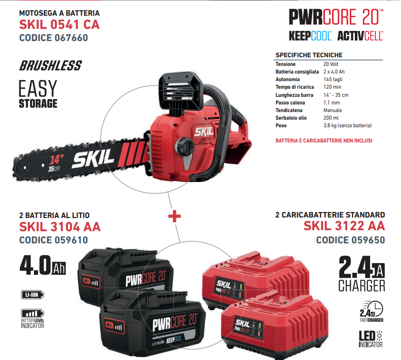 Promo Skil Motosega 0541 CA + 2 Batterie 4 Ah + 2 Caricabatterie Cod. 067660