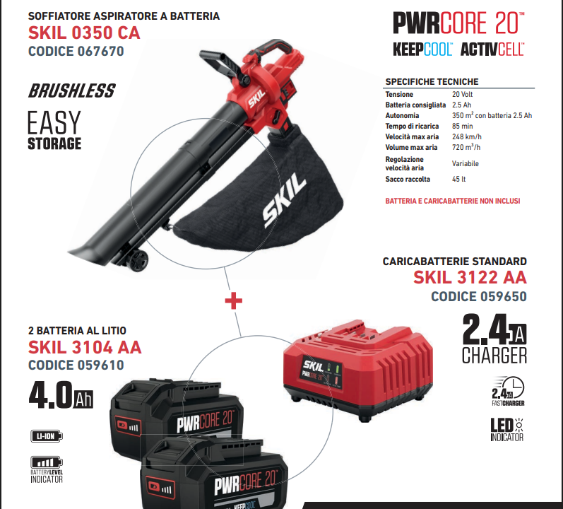 Promo Skil Aspiratore Soffiatore 0350 CA + 2 Batterie 4 Ah + Caricabatterie Cod. 068250