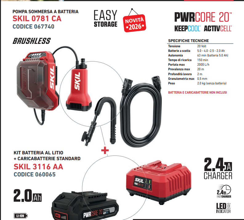 Promo Skil Pompa Sommersa 0781 CA + Batteria 2 Ah + Caricabatteria Cod. 068280