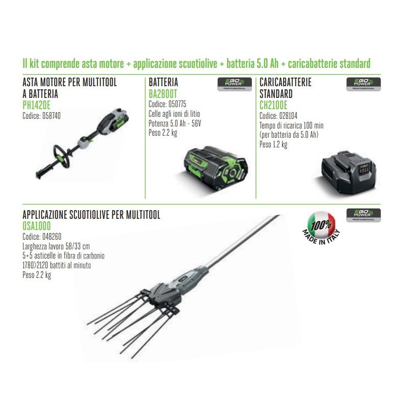 PROMO Kit EGO Power MOS1020E-K1502 Asta Motore + Applicazione Scuotiolive + Batteria 5.0 Ah + Caricabatterie Standard